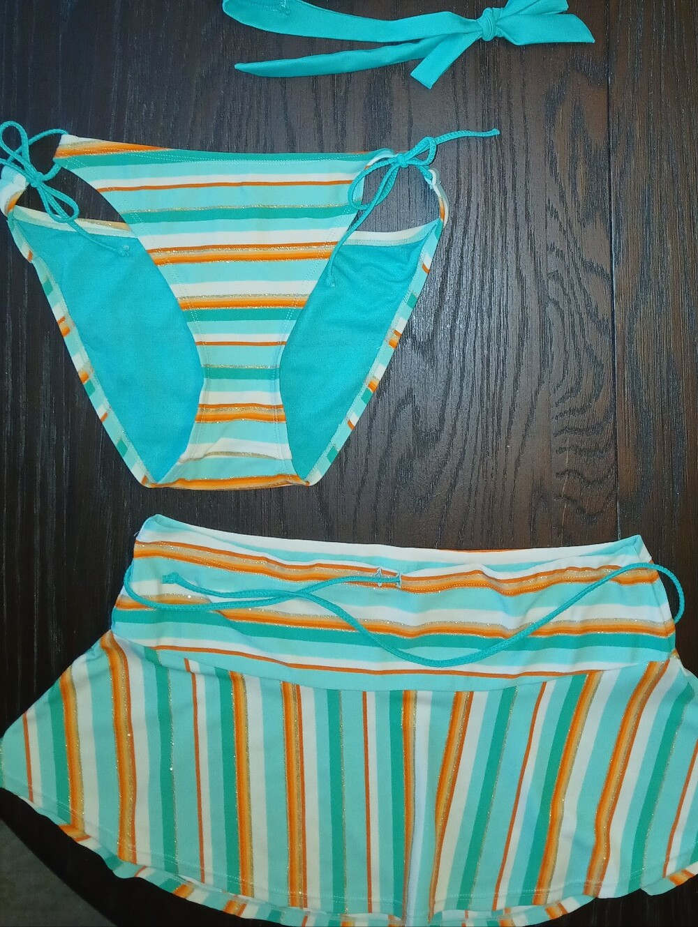 Split Teal, White & Orange Striped Women's 3-Piece Swim Set - Picture 2 of 11